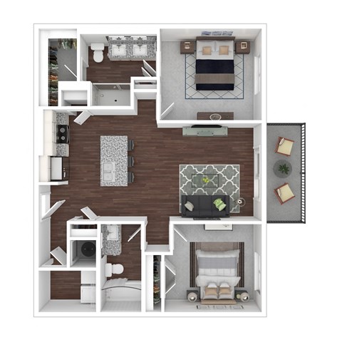 Floor plan for 2 beds, 2 baths, 932 sqft