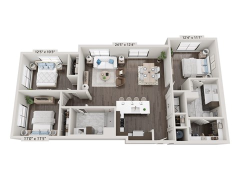 Floor plan for 3 beds, 2 baths, 1434 sqft