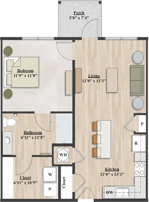 Floor plan for 1 bed, 1 bath, 695 sqft
