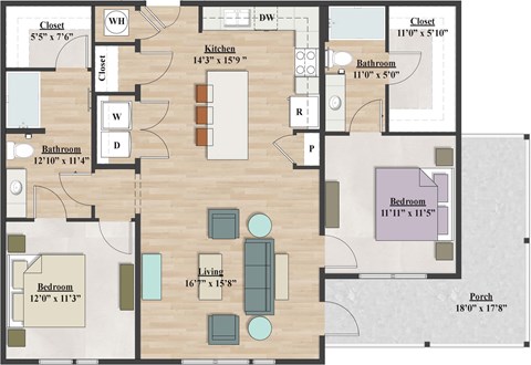 Floor plan for 2 beds, 2 baths, 1136 sqft