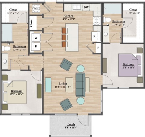 Floor plan for 2 beds, 2 baths, 1136 sqft
