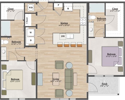 Floor plan for 2 beds, 2 baths, 1136 sqft