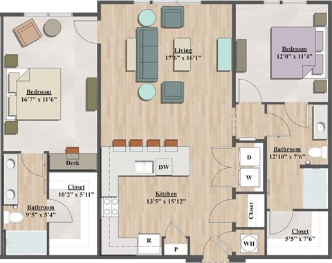 Floor plan for 2 beds, 2 baths, 1208 sqft