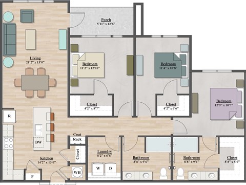 Floor plan for 3 beds, 2 baths, 1408 sqft