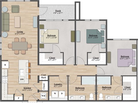 Floor plan for 3 beds, 2 baths, 1408 sqft