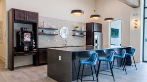 Fairhope apartment for rent - A modern kitchen with dark wood cabinets and a black refrigerator.