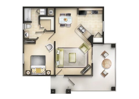 Floor plan for 1 bed, 1 bath, 678 sqft