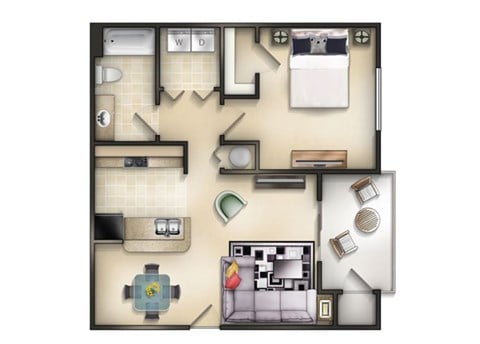 Floor plan for 1 bed, 1 bath, 725 sqft