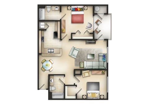 Floor plan for 2 beds, 2 baths, 950 sqft