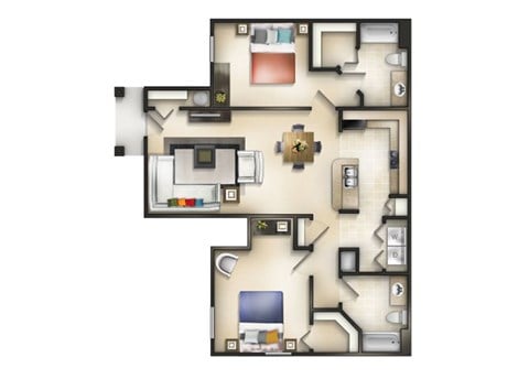 Floor plan for 2 beds, 2 baths, 1161 sqft