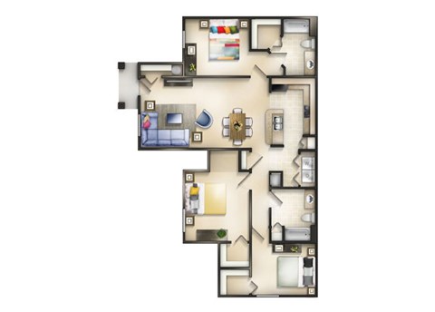 Floor plan for 3 beds, 2 baths, 1357 sqft