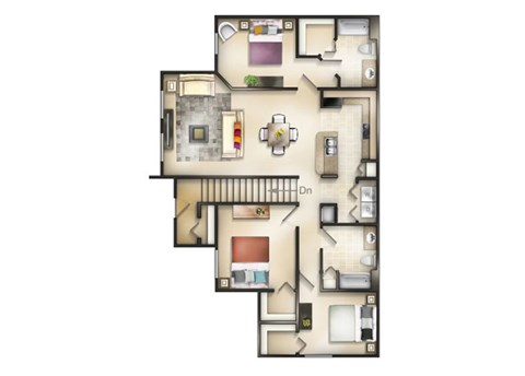 Floor plan for 3 beds, 2 baths, 1375 sqft