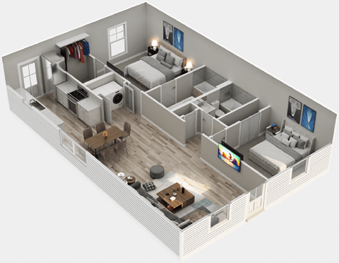 Floor plan for 2 beds, 2 baths, 1232 sqft