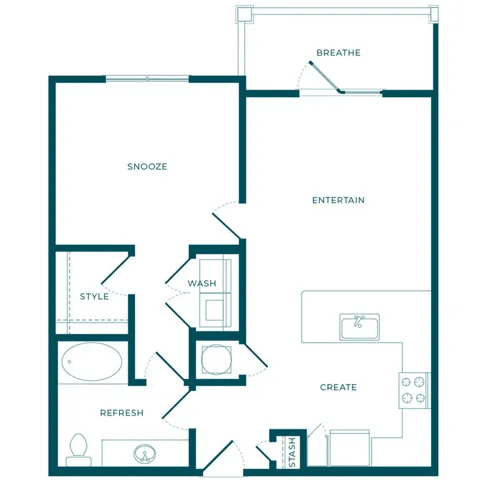 Floor plan for 1 bed, 1 bath, 736 sqft