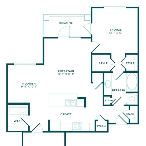 Floor plan for 1 bed, 1 bath, 993 sqft