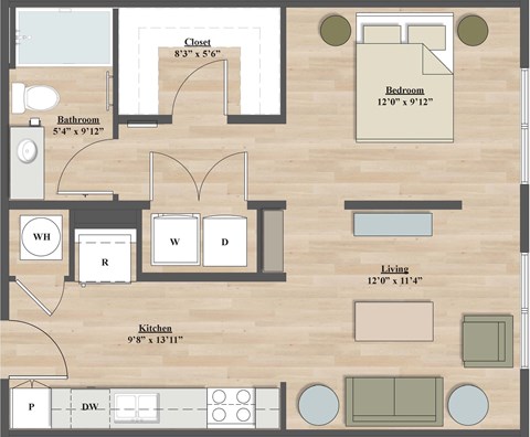 Floor plan for studio, 1 bath, 566 sqft