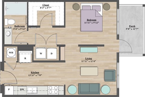 Floor plan for studio, 1 bath, 566 sqft