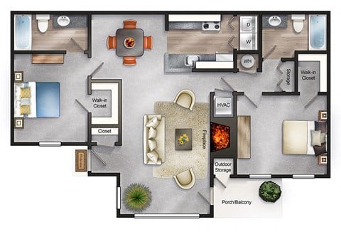 Floor plan for 2 beds, 2 baths, 1100 sqft