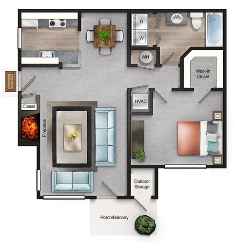 Floor plan for 1 bed, 1 bath, 760 sqft