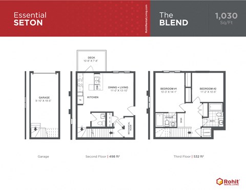 Floor plan for 2 beds, 2 baths, 1030 sqft