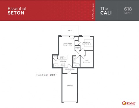 Floor plan for 1 bed, 1 bath, 616 sqft