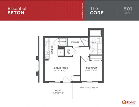 Floor plan for 1 bed, 1 bath, 501 sqft