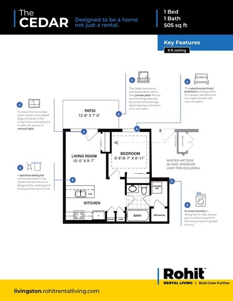 Floor plan for 1 bed, 1 bath, 505 sqft