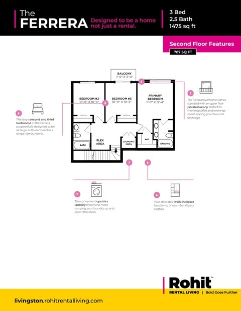 Floor plan for 3 beds, 2.5 baths, 1487 sqft