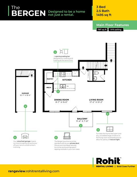 Floor plan for 3 beds, 2.5 baths, 1491 sqft