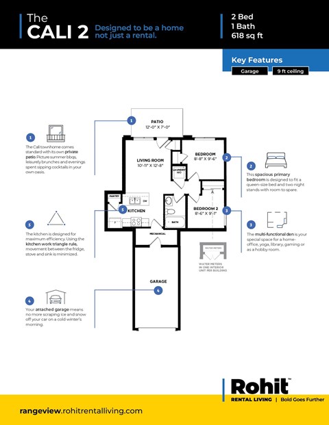 Floor plan for 2 beds, 1 bath, 621 sqft