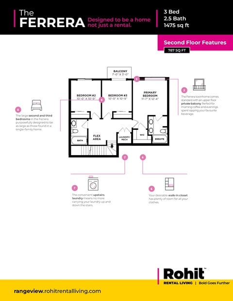 Floor plan for 3 beds, 2.5 baths, 1487 sqft