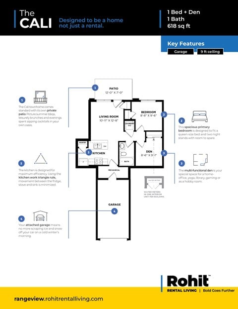 Floor plan for 1 bed, 1 bath, 621 sqft
