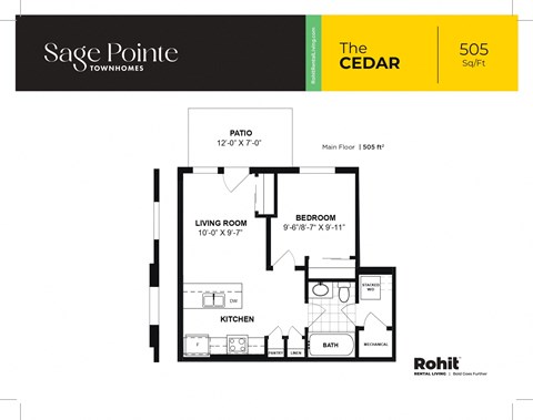Floor plan for 1 bed, 1 bath, 505 sqft