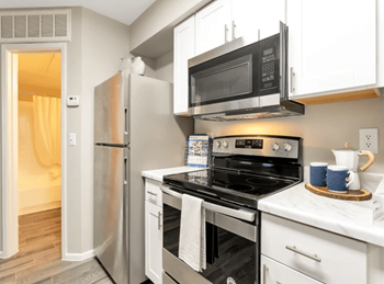 Kitchen with white cabinetry, stainless steel appliances, and a full sized microwave 