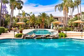 Phoenix apartment for rent - Crystal clear blue lap pool flowing over water feature into a resort-style pool surround by chaise lounge chairs, palm trees and plants