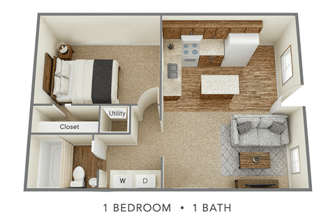 Floor plan for 1 bed, 1 bath, 525 sqft