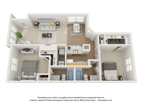 Floor plan for 2 beds, 2 baths, 1067 sqft
