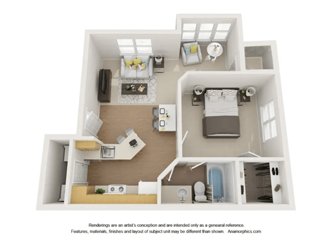 Floor plan for 1 bed, 1 bath, 624 sqft