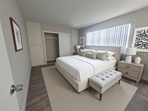 La Mesa apartment for rent - A bedroom with a large bed, a bench, and a dresser.