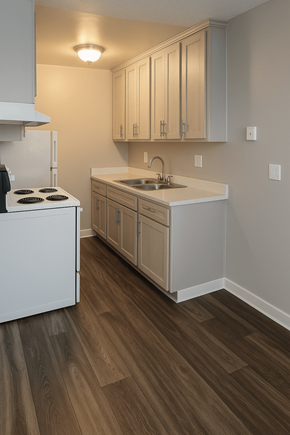 La Mesa apartment for rent - A kitchen with a white stove top oven and a white sink with a white counter top.