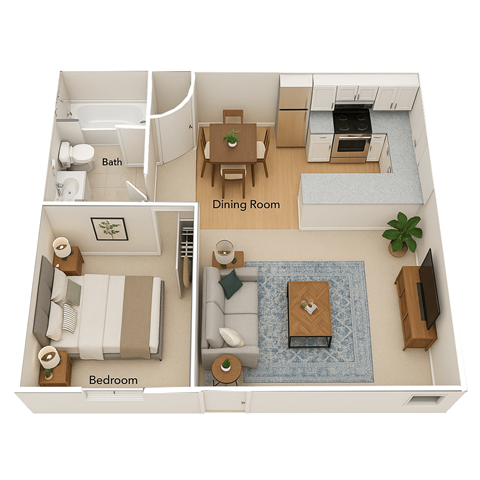Floor plan for 1 bed, 1 bath, 740 sqft