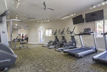 A gym with treadmills and elliptical machines