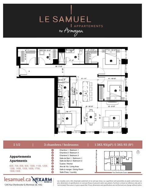 Floor plan for 3 beds, 2 baths, 1384 sqft