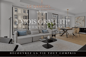 Montreal apartment for rent - A modern living room with a sign that says "1 month free" and "1 month free" on the wall.
