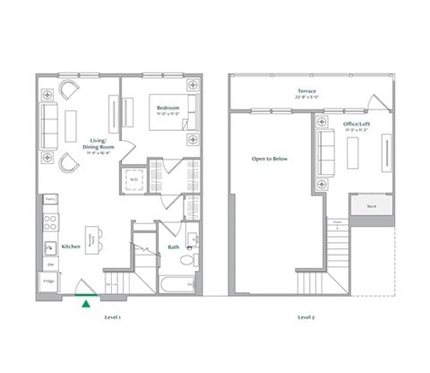 Floor plan for 1 bed, 1 bath, 858 sqft