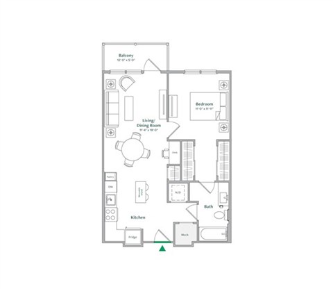 Floor plan for 1 bed, 1 bath, 725 sqft
