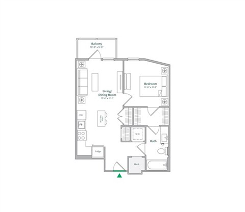 Floor plan for 1 bed, 1 bath, 621 sqft