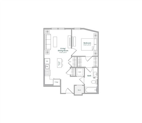 Floor plan for 1 bed, 1 bath, 621 sqft