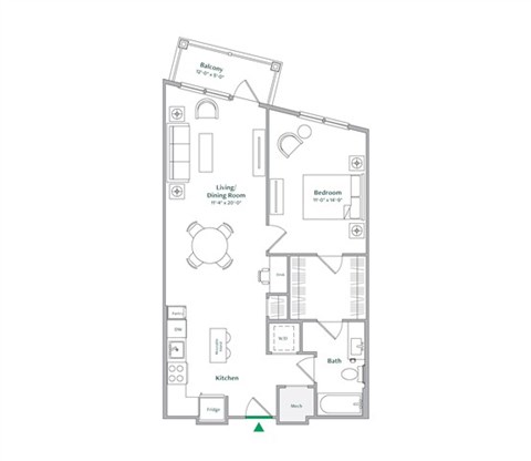 Floor plan for 1 bed, 1 bath, 829 sqft