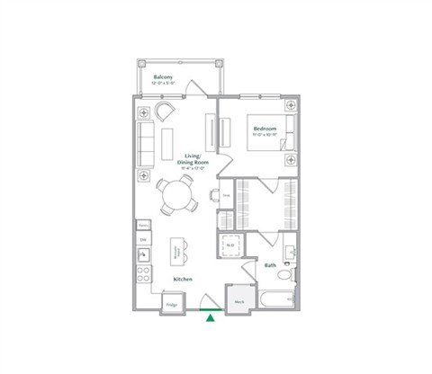 Floor plan for 1 bed, 1 bath, 702 sqft
